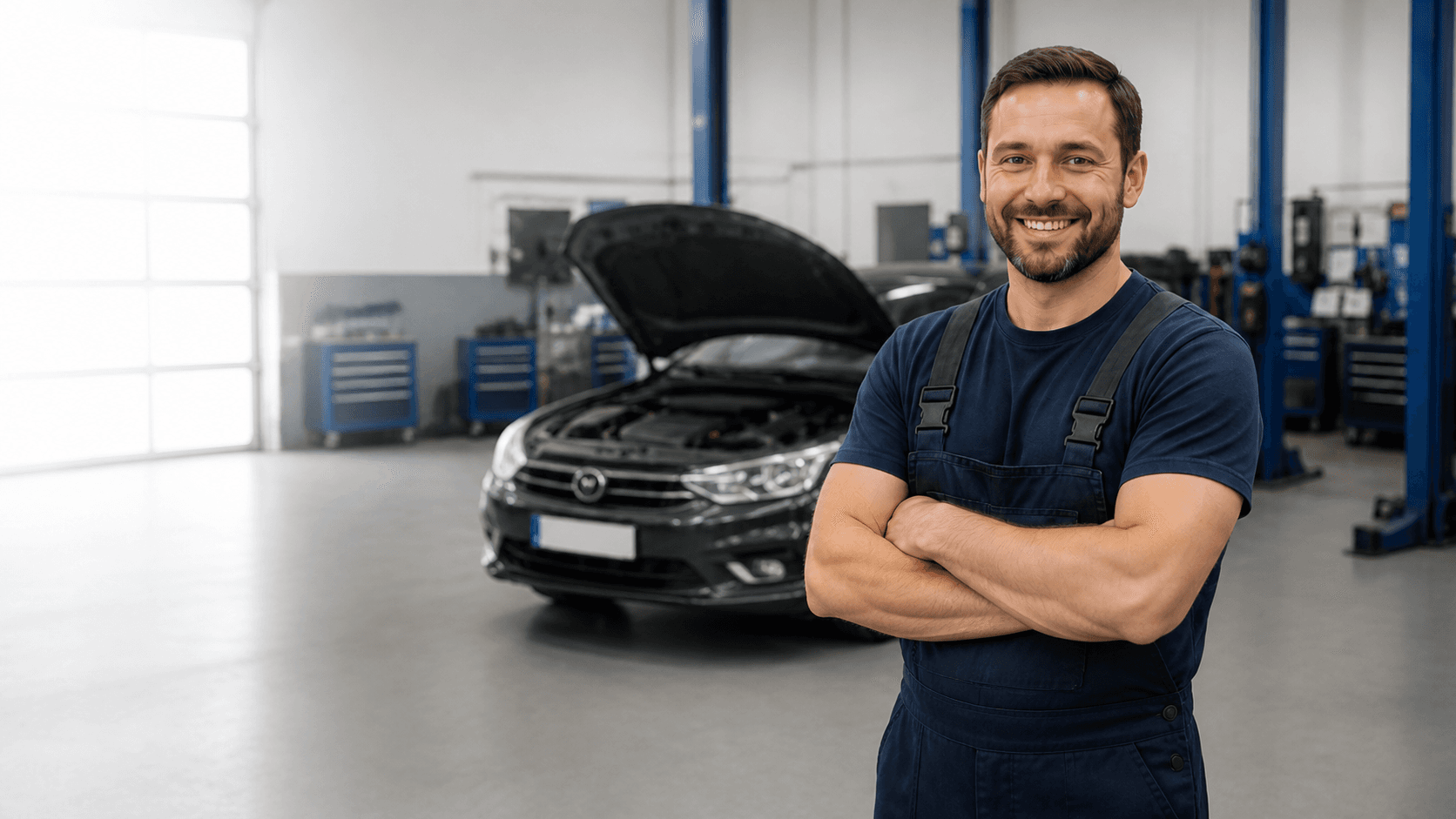 Mechaniker in der Werkstatt vor einem Fahrzeug mit geöffneter Motorhaube